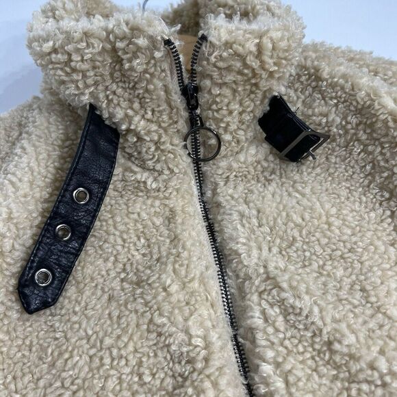 Madden Girl Teddy Jacket Womens Medium Tan Sherpa Faux Leather Trim Buckle Fur - Picture 4 of 13